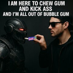 Handing gum to a futuristic enforcer